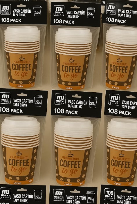 108 Vasos Cartón Kraft + Tapa negra - 250 cc (8 oz)